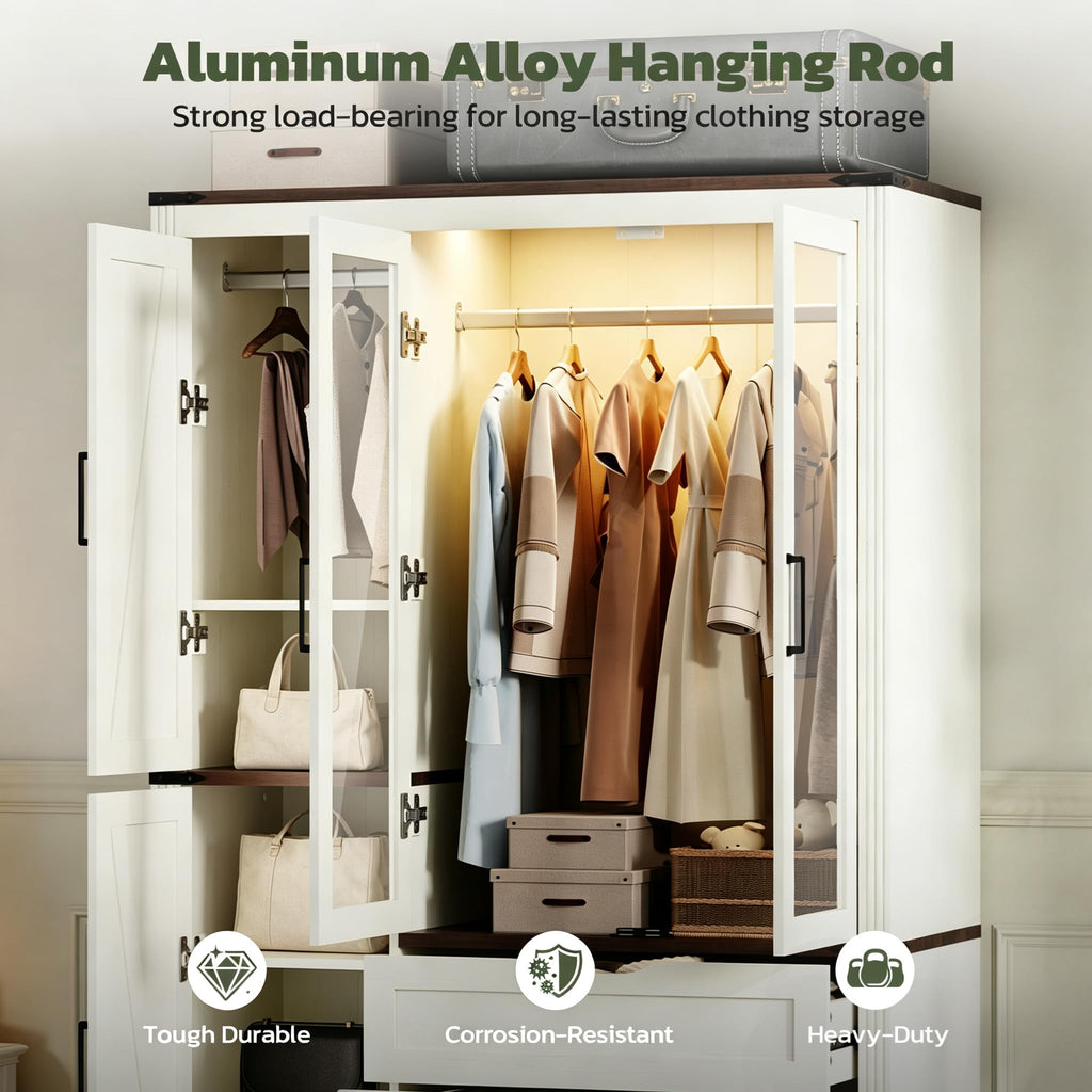 73'' Wood Farmhouse 4 Doors Armoire Wardrobe Closet with LED Light