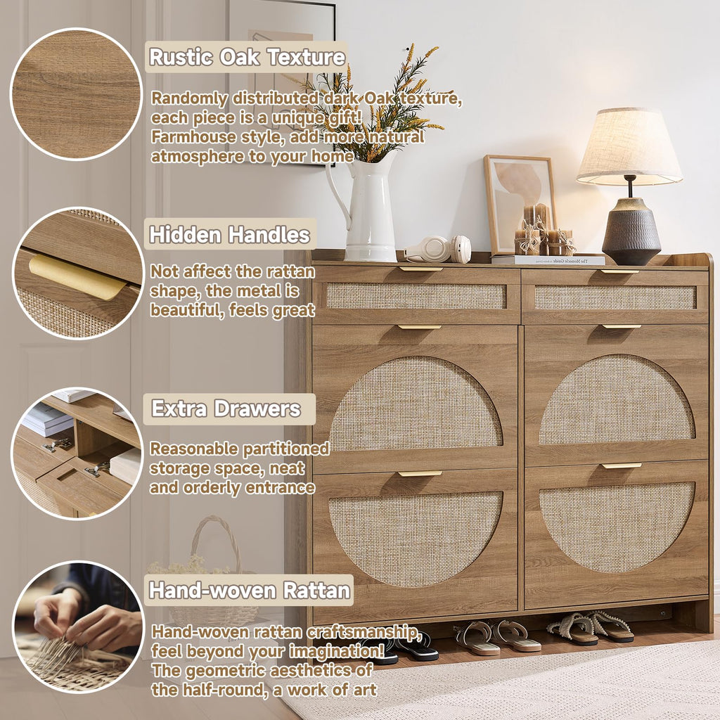 Rattan Shoe Storage Cabinet with 4 Flip Drawers & 2 Drawers, Freestanding Organizer for Front Door Entrance, Hidden