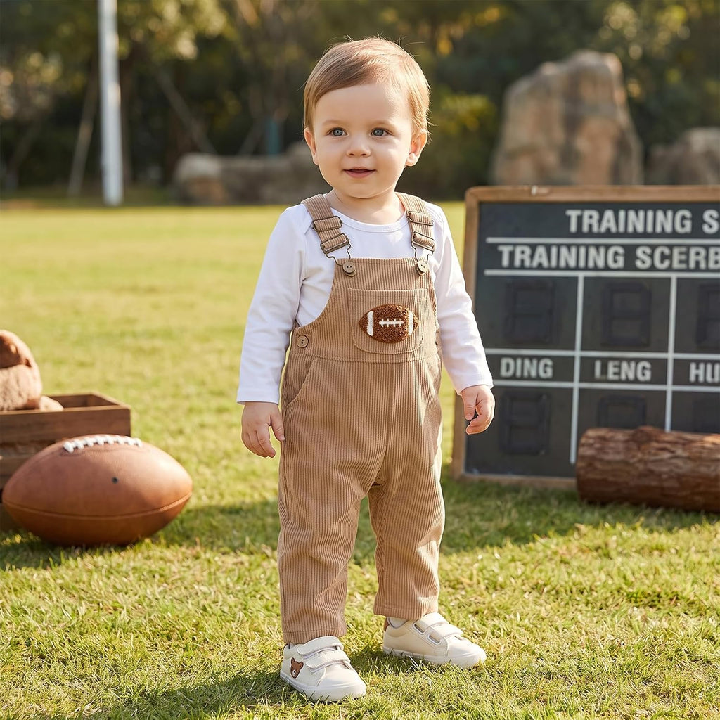 Baby Boy Football Corduroy Overalls Set Long Sleeve Bodysuit Infant Outfit