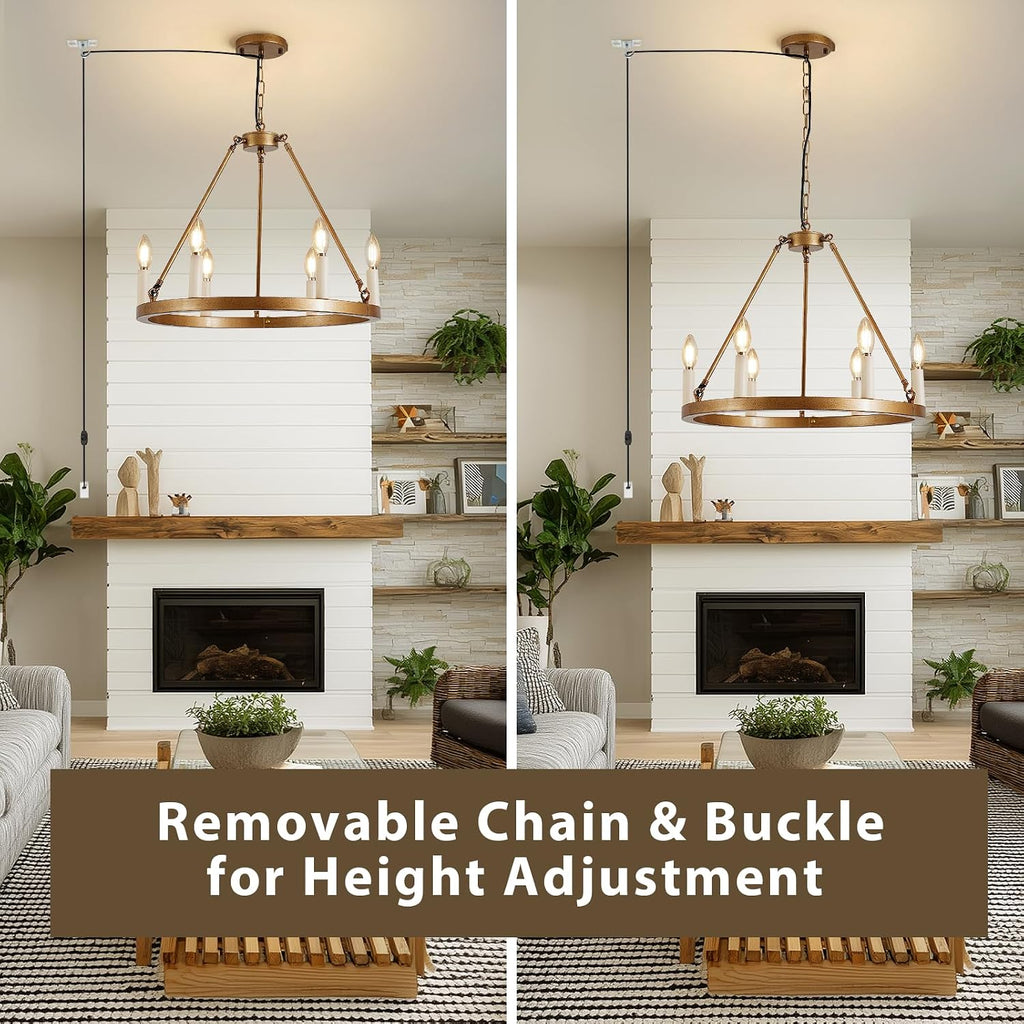 6 Lights DIMMABLE Plug in Wagon Wheel Chandelier, 20.5" Gold Rustic Hanging Lights with Long Cord