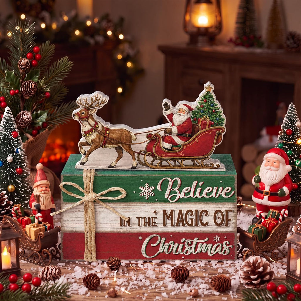 4 Pcs Christmas Santa Sleigh Table Decoration Wooden Book Stack Sign