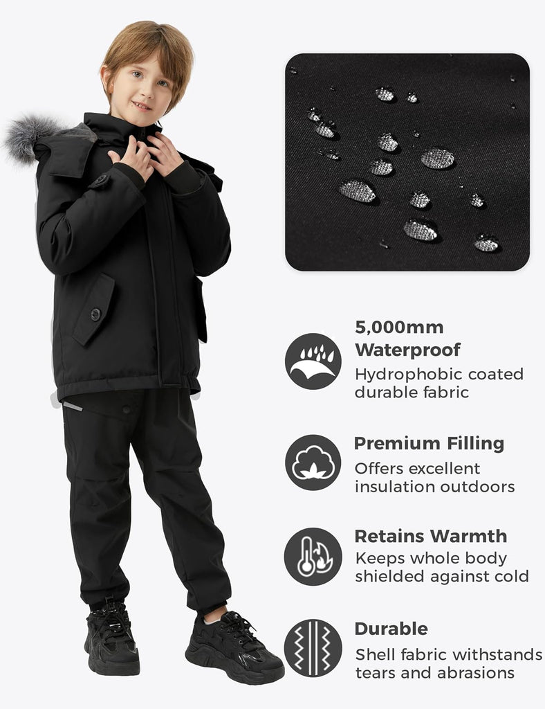 Boys' Winter Coat Waterproof Puffer Jacket Fleece-Lined Parka Hooded