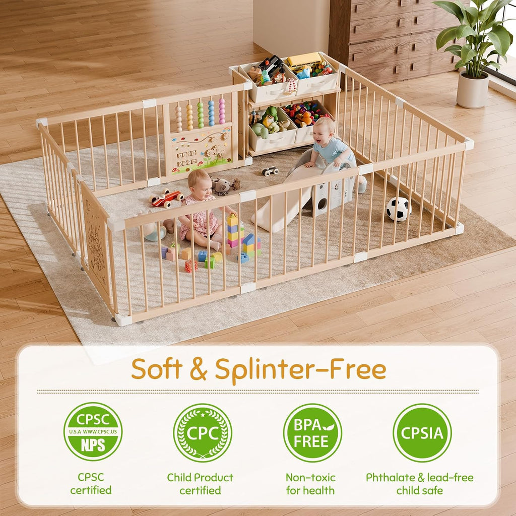 Large Wooden Baby Storage Playpen 9+3 Panels 71"×48" | Size Adjustable Play Yard for Babies and Toddlers, Baby Fence