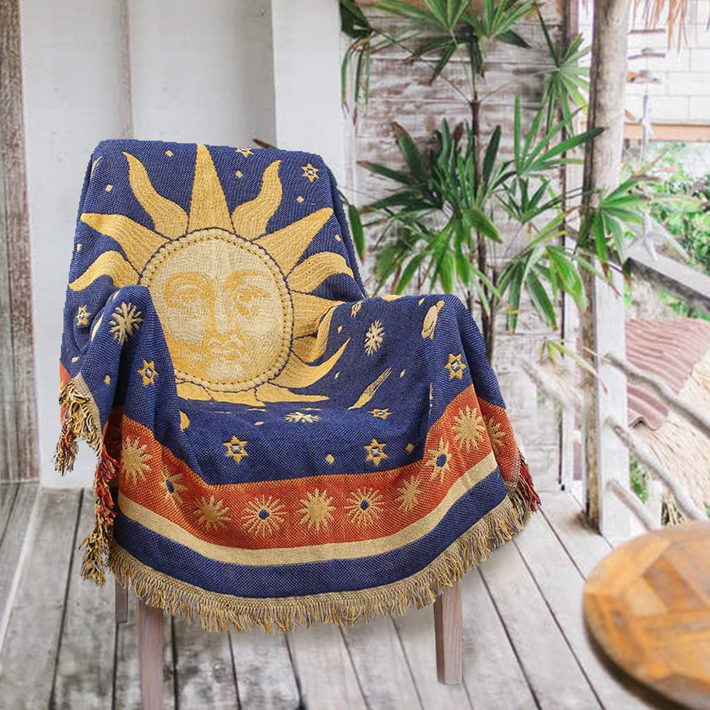 Hippie Throw Blanket Sun Moon Stars Boho Throw Blankets Celestial Tapestry Double-Sided Reversible Woven Cotton Home