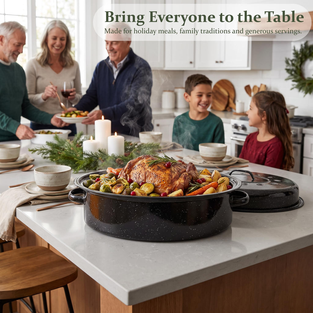 Enamel Roasting Pan with Lid 18" Turkey Roaster Upgraded Ceramic Glaze for Easy Release, Bigger Family Size Capacity