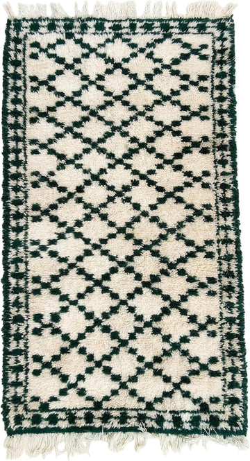 Handmade Moroccan Berber Area Rug 6' x 9', 100% Wool High Pile Shag, Ivory/Cream with Dark Green Small Diamond