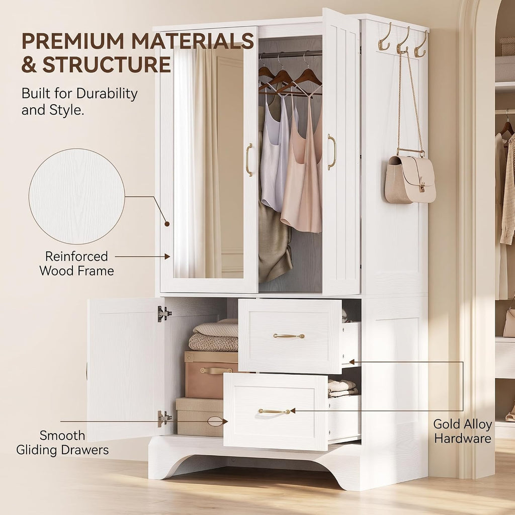 Armoire Wardrobe with Mirror, 3-Door Hanging Rod & Drawers | 3-door armoire with mirror. Hanging rod, 2 drawers, 4