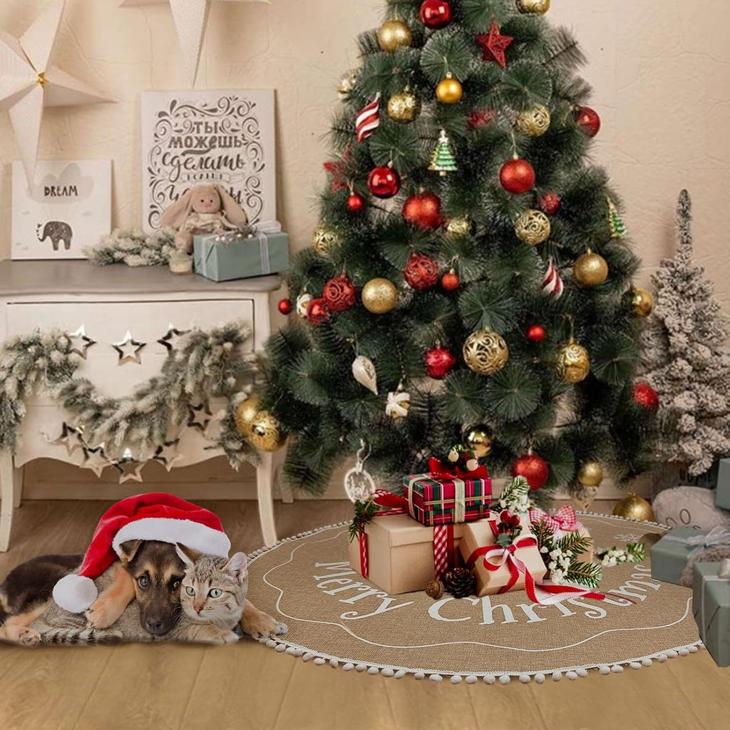 Christmas Tree Skirt 36 Inch, Burlap Tree Skirt Printed with White Snowflake and Merry Christmas Decor, Brown Tree