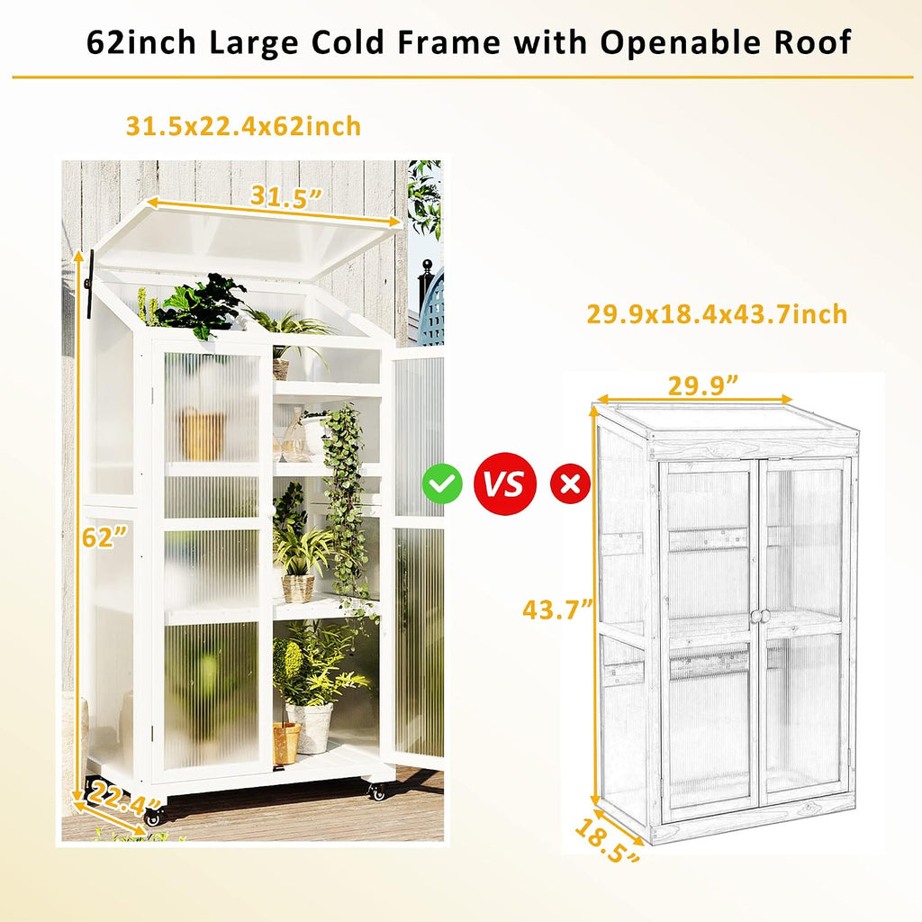 62" H Indoor Wood Greenhouse, Balcony Large Cold Frame with Wheels and Adjustable Shelves for Outdoor Indoor Use