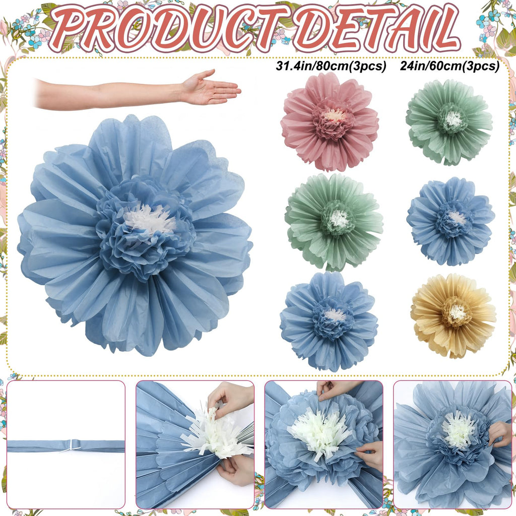 6 Pcs 31.5", 24" Boho Giant Paper Flower Morandi Back to School Bulletin Board Decoration Large Green Blue Classroom