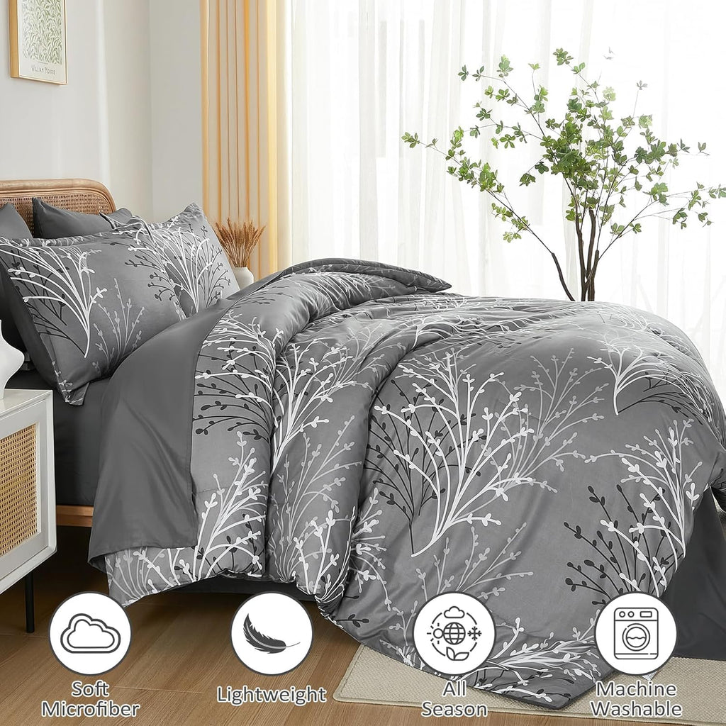 DJY Gray Comforter Set Queen Branch Botanical Bed in a Bag 7 Piece Grey Floral Comforter