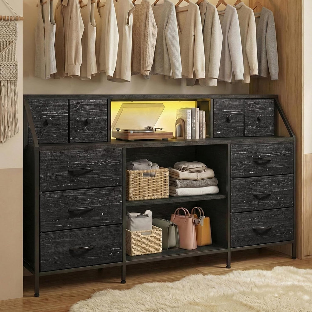 Black 55" Dresser with Charging Station & LED Lights Chest of Drawers with Detachable Mesh Door Bedroom Living Room