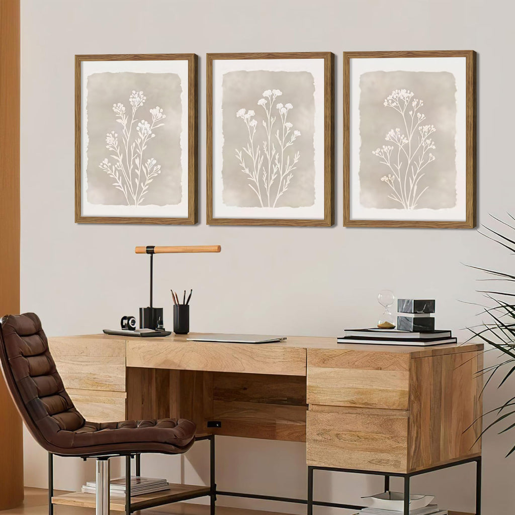 Framed Boho Botanical Flower Wall Art Set of 3, Vintage Minimalist Neutral Floral Wall Decor Paintings, Rustic