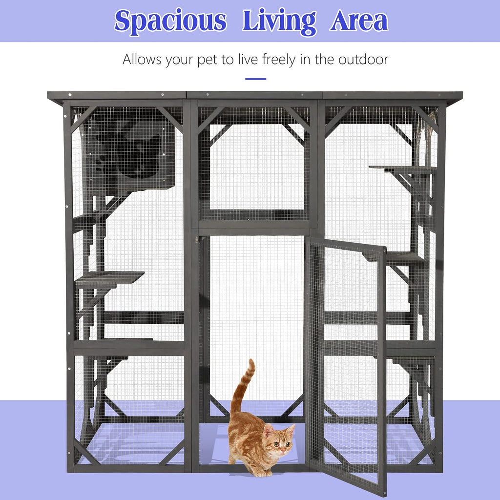 Large Outdoor Cat House Outdoor Wooden Cat Cage Cat Enclosure with Weatherproof Large Run, Jumping Platforms for Play