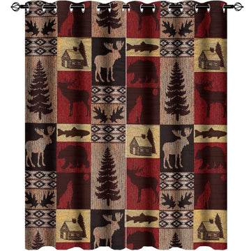 Rustic Cabin Curtains - Vintage Farmhouse Hunting Theme Moose Bear Elk Tree Plaid Window Treatment, Energy Saving