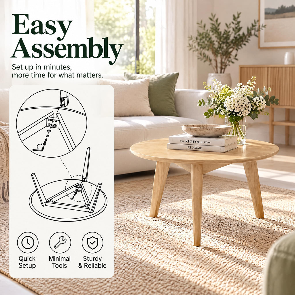 100% Solid Oak Wood Mini Coffee Table, Round Living Room Table Side Table w/Solid Wood Legs, Natural Minimalist