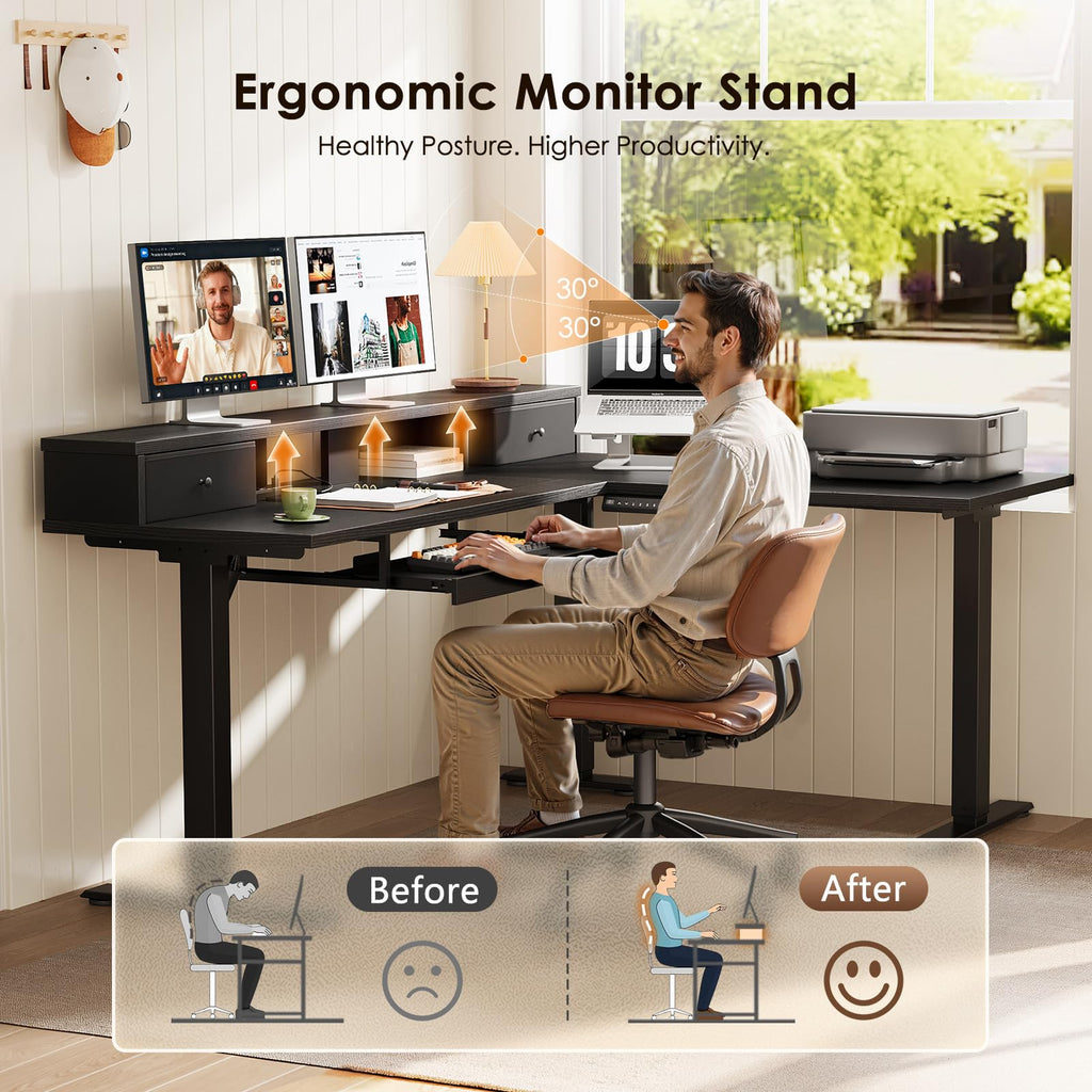 59 Inch L Shaped Electric Standing Desk with Drawers, Black