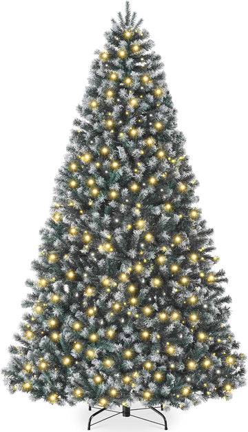 Artificial Frosted Christmas Tree, Premium Pre-Lit Realistic Spruce Holiday Décor w/Dense Branches, Metal Base