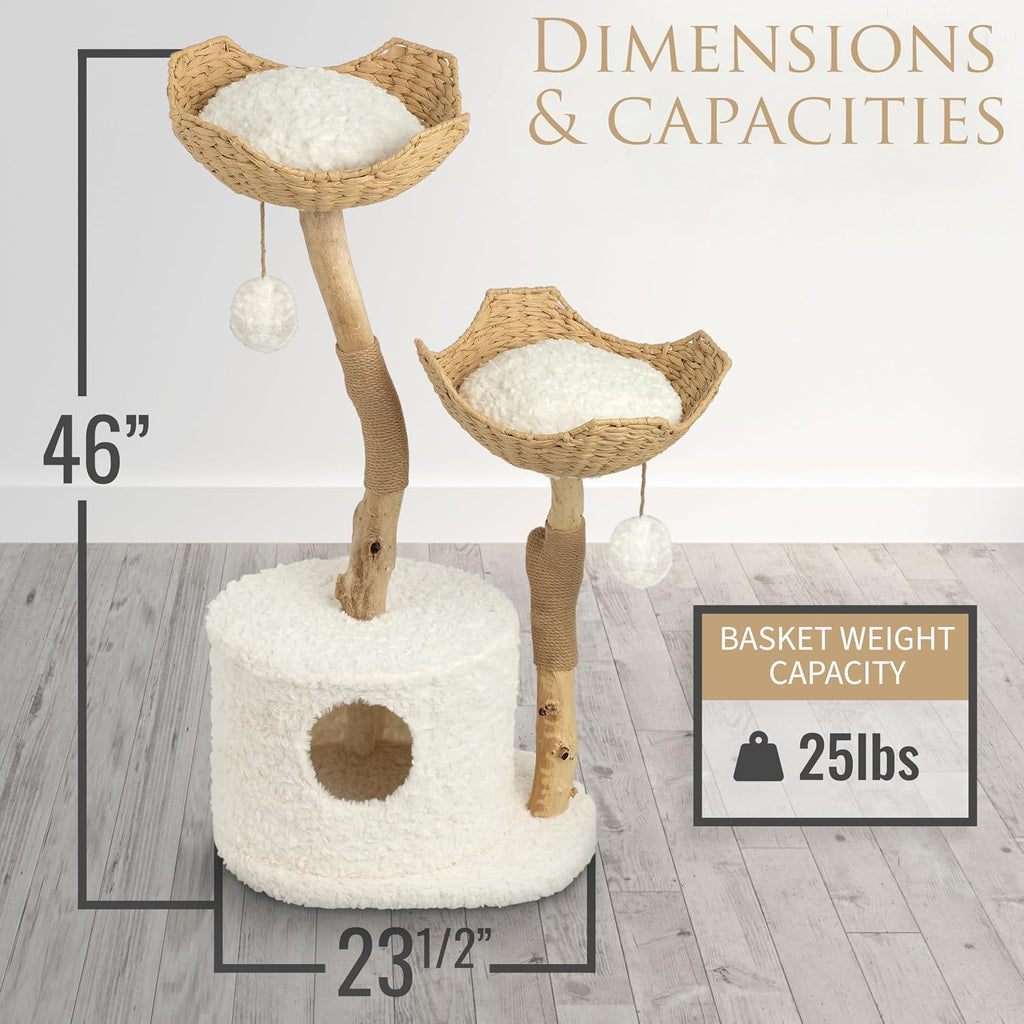 Cat-Tree Tower | Modern Cat Furniture | Real Wood Branch Scratching Post | White | 46"
