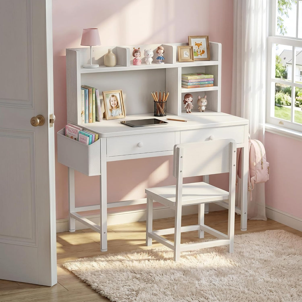 White Kids Desk with Hutch for Kids Desk and Chair Set 10-12 Year Old, Children Study Desk with Fabric Drawer Storage