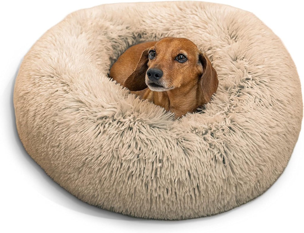 The Original Calming Donut Cat and Dog Bed in Shag Fur Taupe, Small 23" and Blanket, Taupe, 30"x40"