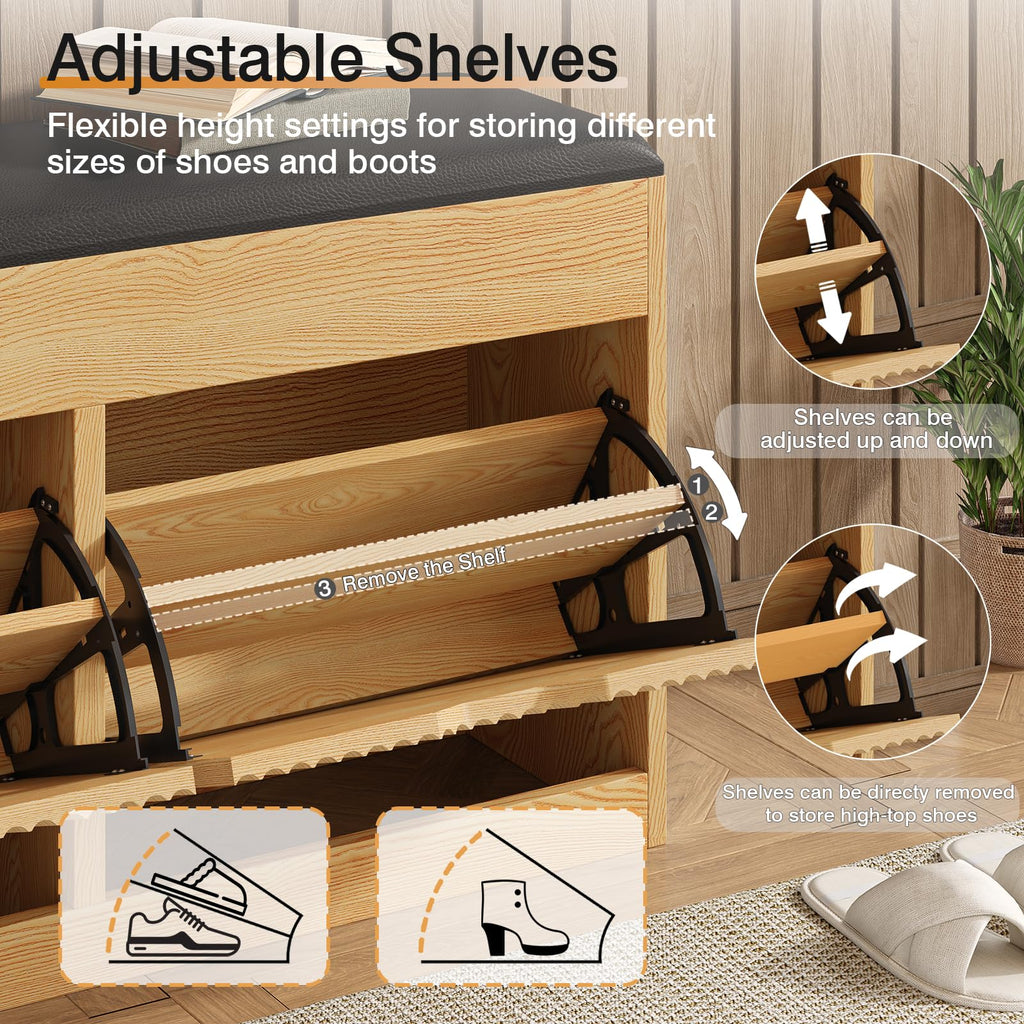 Shoe Storage Bench, 2-Tier Entryway Bench with 2 Flip, 39inches Storage Benches with Padded Cushion Hidden Shoe
