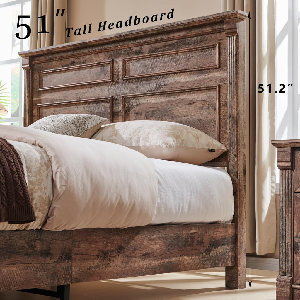 Farmhouse Queen Bed Frame with 51" Tall Headboard, Wood Platform Bed Frame with 20" Tall Roman Column Decoration