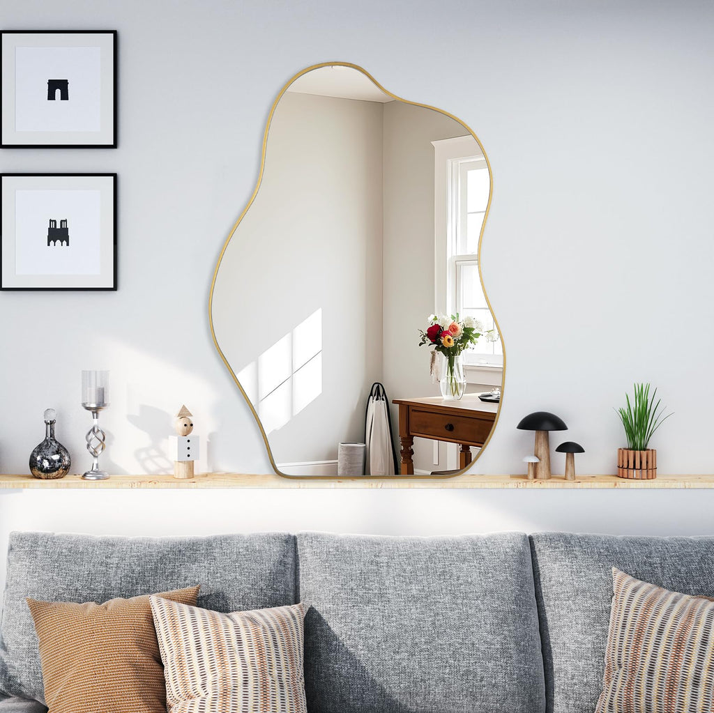 Irregular Asymmetrical Wall Mirror, 28" x 20" Gold Bathroom Mirror