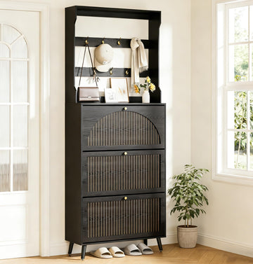 Shoe Storage Cabinet with 3 Fluted Flip Drawers & Coat Rack, Black