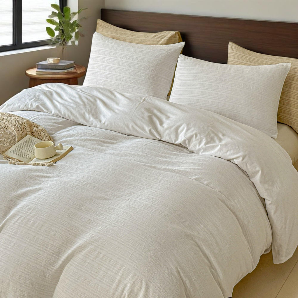 Duvet Cover, 2 PCS Natural Linen Cotton Blend Bedding Set with Striped Jacquard-1 Duvet Cover 1 Pillowcase