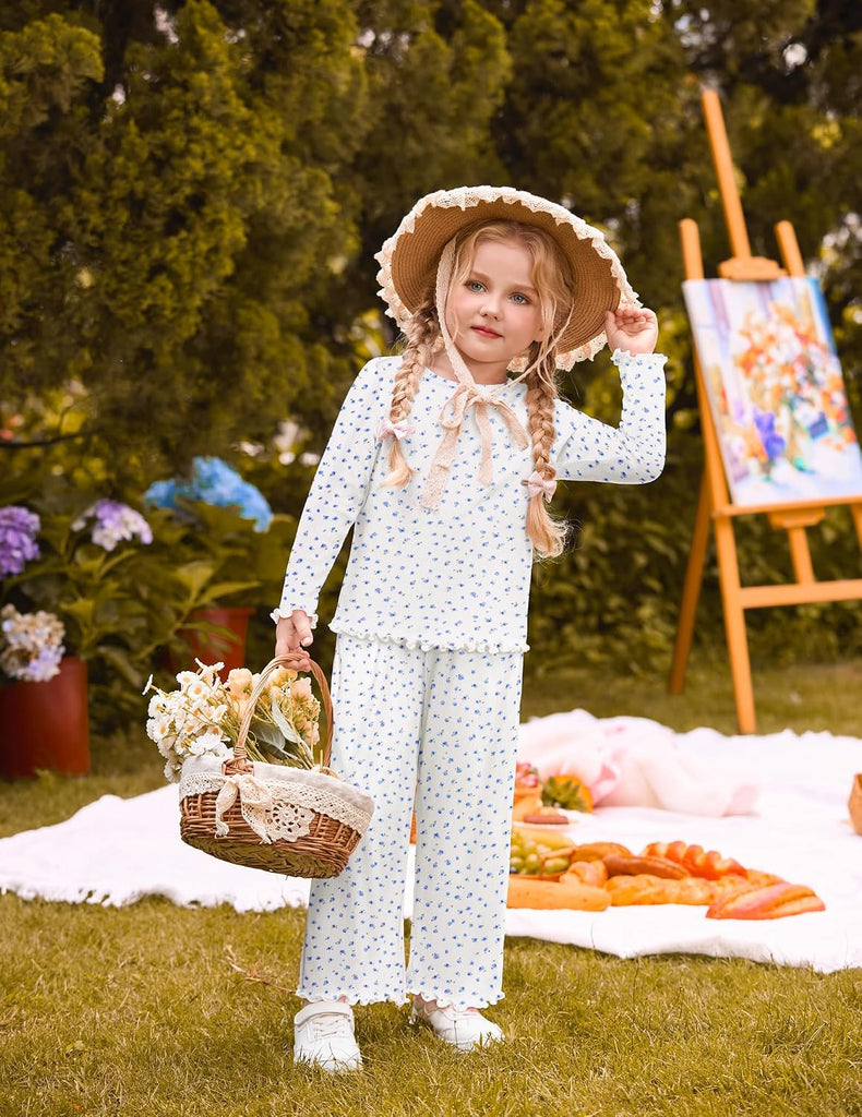 Toddler Girl Clothes Fall Outfit Ribbed Lettuce Trim Tops Pant Set
