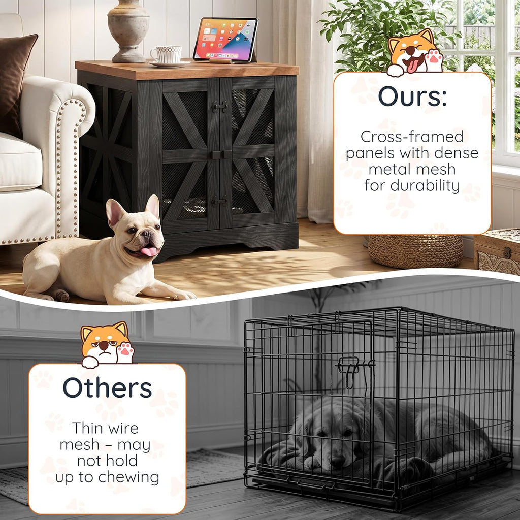 Dog Crate Furniture for Small to Medium Dogs, Dog Kennel Indoor with Barn Doors, Pet Cage Side End Table, Black