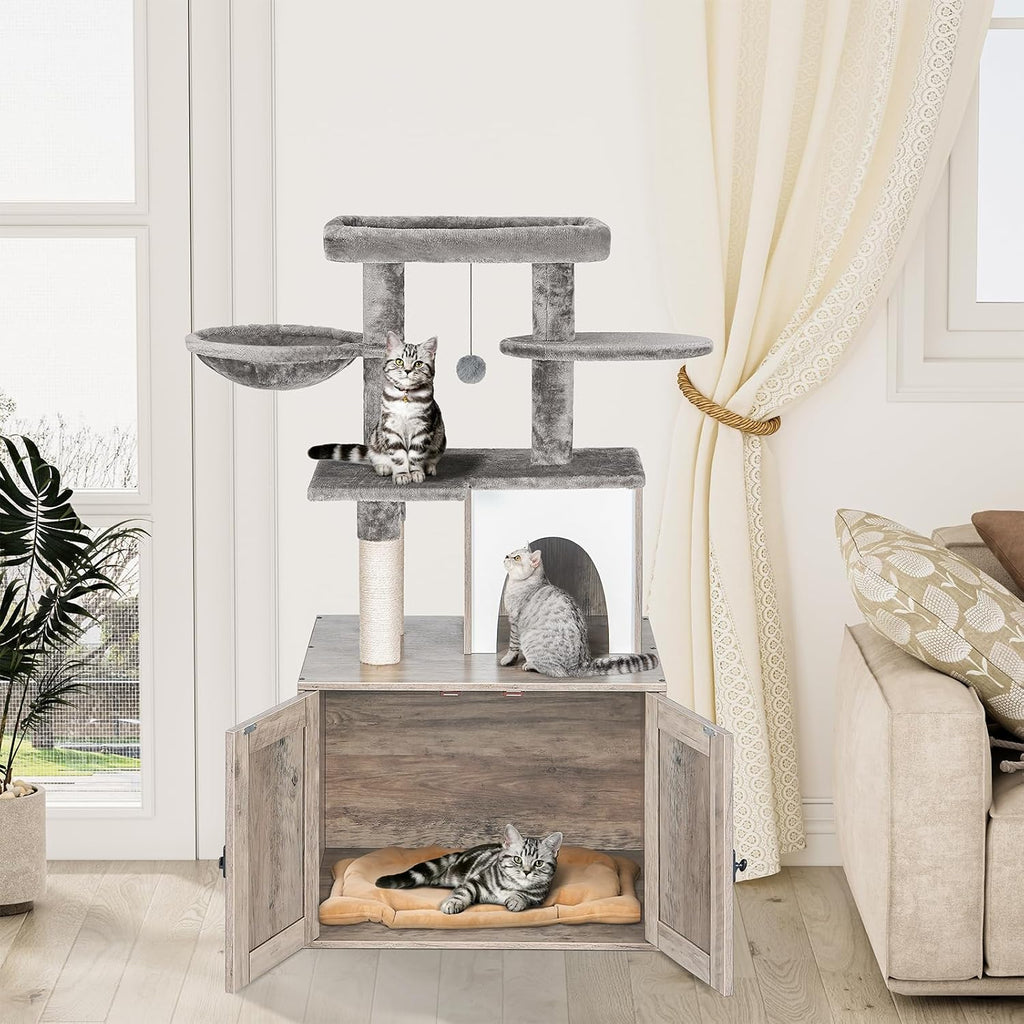 Cat Litter Box Enclosure with Tree Tower and Condo, Hidden Washroom Furniture with Sisal Scratching Post and Soft