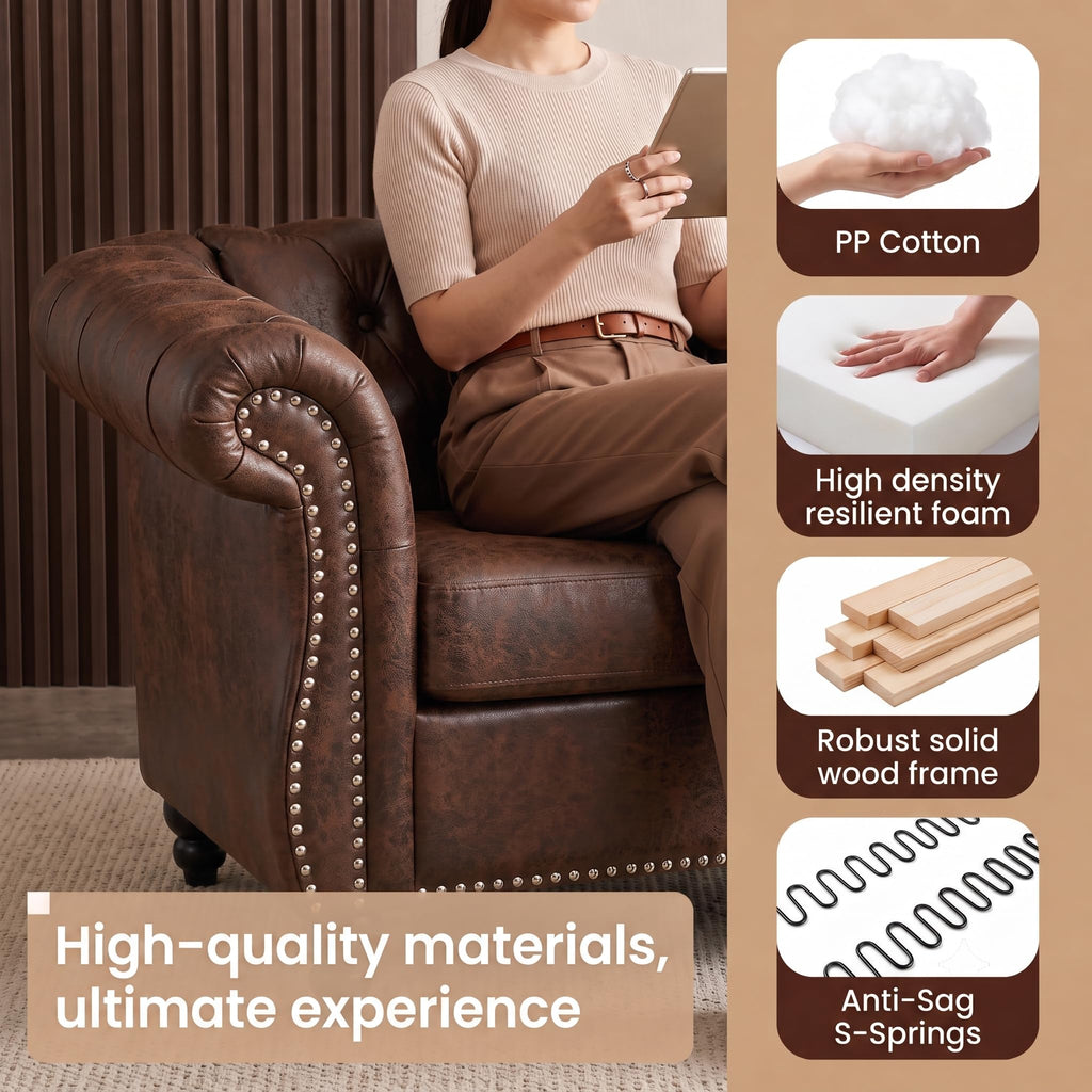 3 Piece Living Room Set, Chesterfield Sofa & 2 Accent Chairs, Faux Leather Couch Set with Tufted Backrest & Nailhead