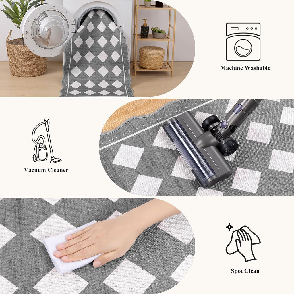 Checkered Hallway Runner Rug 2x6, Non Slip Washable Mat, Grey