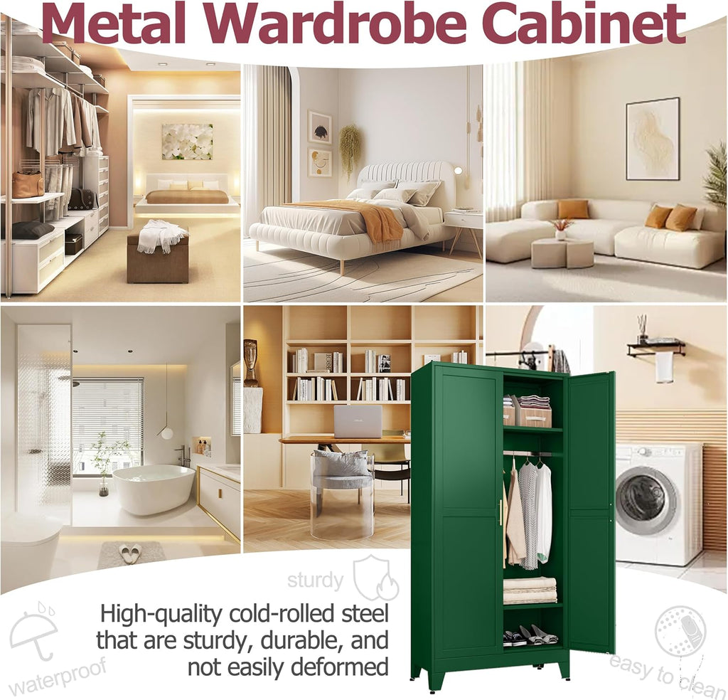 Metal Wardrobe Cabinet with Hanging Rod, Clothing Storage Cabinets | with 2 Doors and Adjustable Shelves, 71" Metal