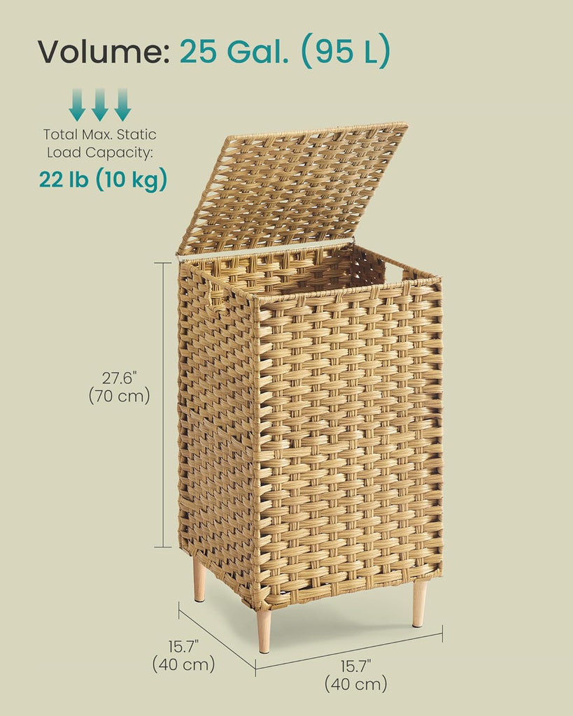 Laundry Hamper with Lid, 25 Gal (95L) PE Rattan Laundry Basket with Removable Washable Liners, Goose Yellow