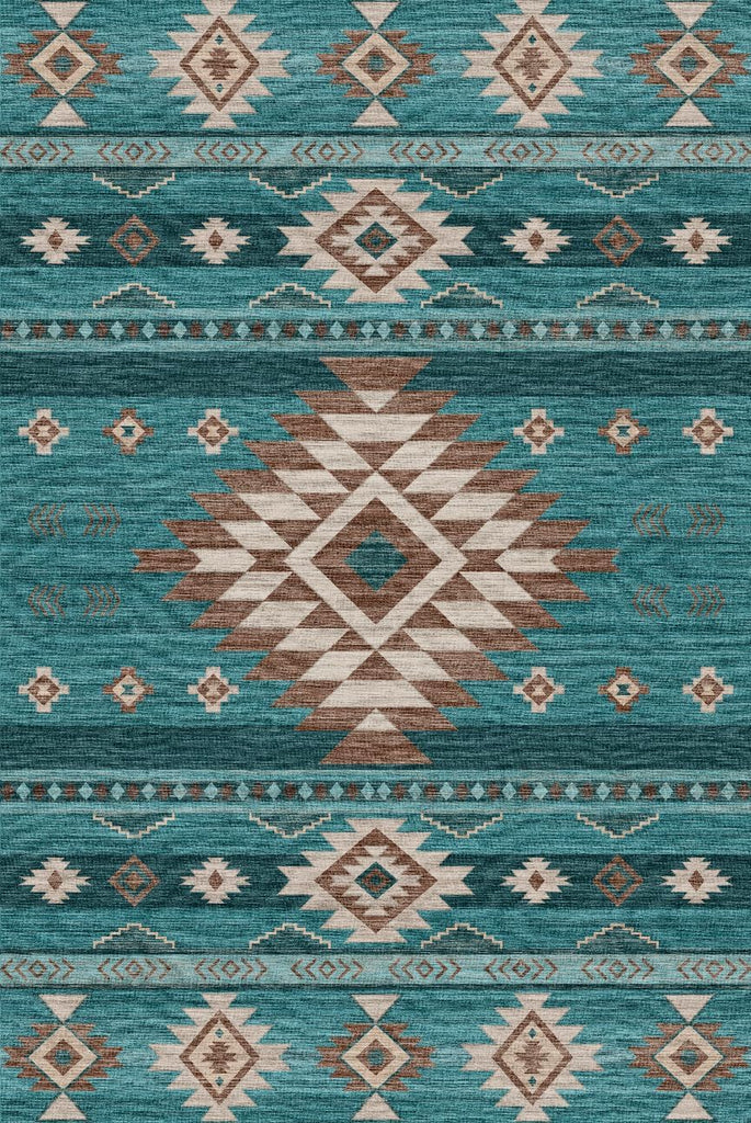 Southwest Teal Rugs, Large Machine Washable Soft Non-Slip Aztec Rug, Low-Pile Non-Shedding Foldable Dining Floor