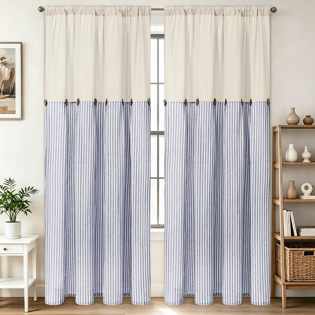 Farmhouse Curtains, Boho Rustic Bedroom Curtains with Buttons, Cotton Linen Blue Stripe Country Window Curtain