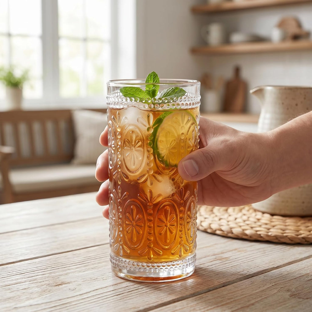6 Pack Romantic Drinking Glasses, 12 oz Highball Glasses, Thick Water Glasses, Tall Glass Cups for Beverages, Beer