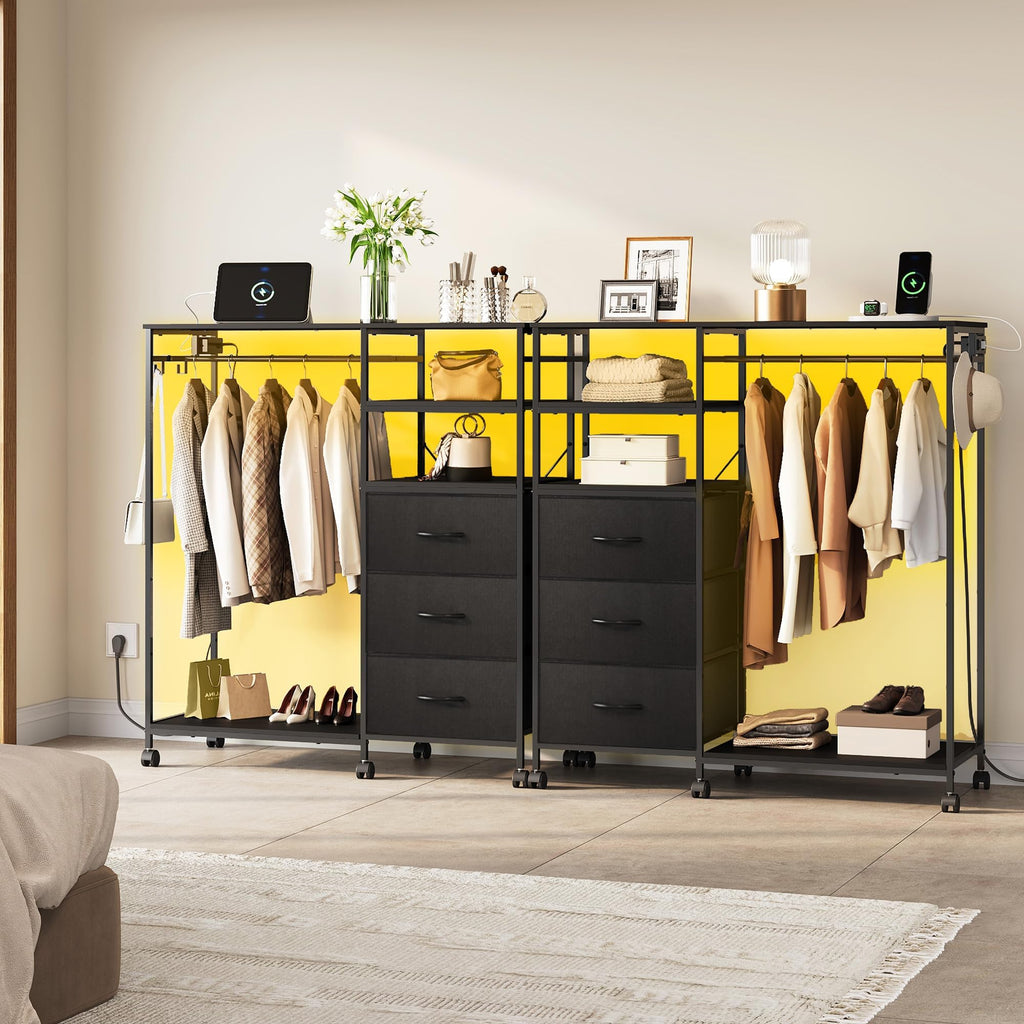 LED Dresser, 3 Drawers with Hanging Rack, Black
