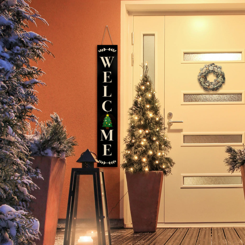 Welcome Sign for Front Porch Standing, Interchangeable Wooden Sign with 5 Designed Double-Sided Icons for Front Door