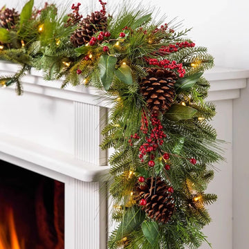Lighted Christmas Garland 9Ft Operated Pinecone Berry Decor