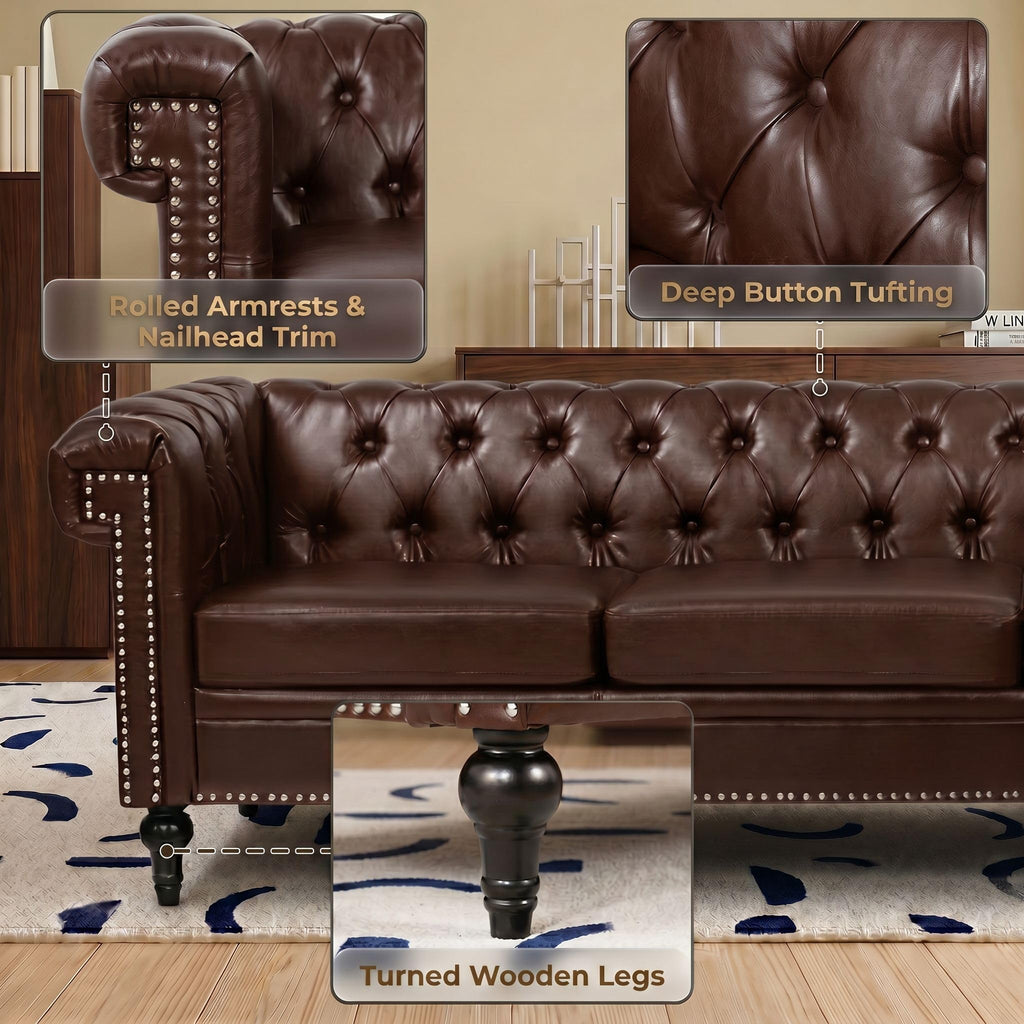 84" Chesterfield Sectional Sofa with 3 Pillows, Tufted 5 Seat Faux Leather Couch, Modern L Shaped Sectional Couch