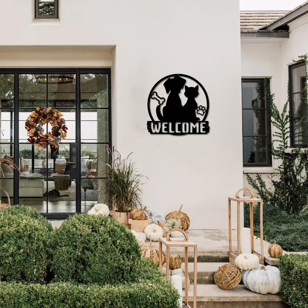 Cat and Dog Welcome Metal Sign for front door Pet Lover Metal Decoration Large 12 inch Thick metal Wall Hanging Decor