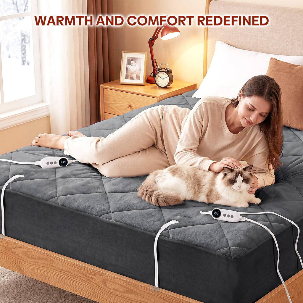 Electric Heated Mattress Pad Queen Size - Dual Control, 6 Heat Settings & 10-Hour Auto Off, Flannel Quilted Heating