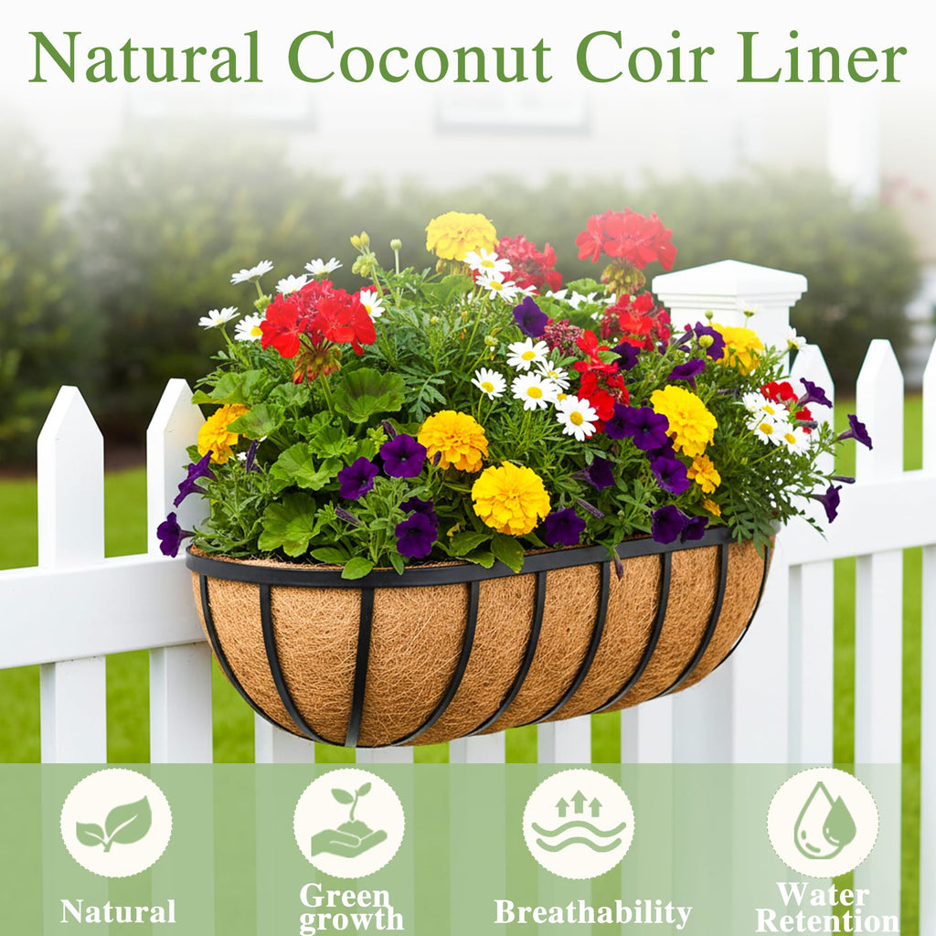 24 Inch Railing Planter Window Box Deck Balcony Rail Planter with Coco Liner Metal Wall-Mounted Coconut Liner Planter