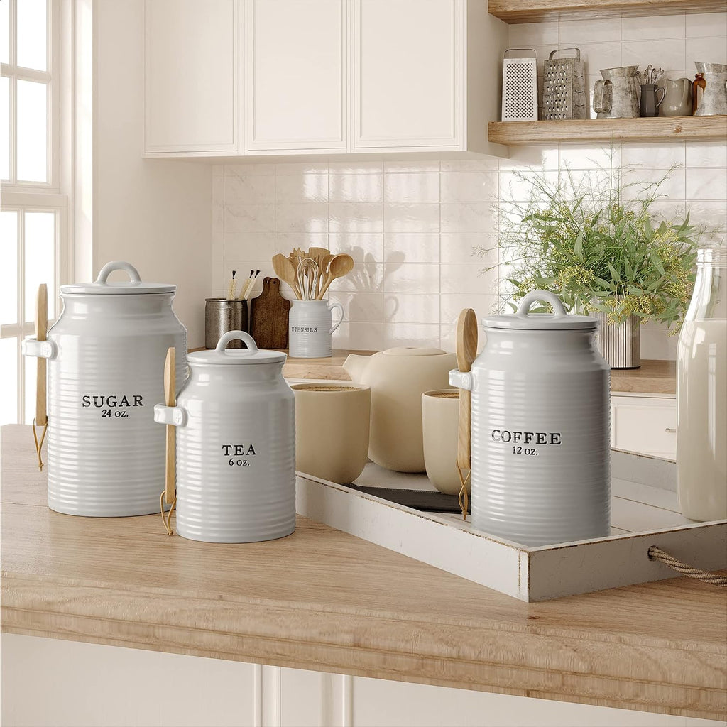 Ceramic Kitchen Canister Set White (Coffee/Sugar/Tea) - Set of 3