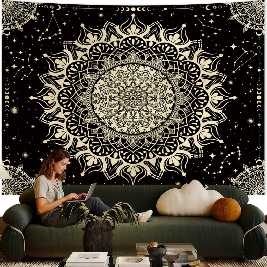 Boho Mandala Tapestry, Black Hippie Ceiling Tapestries