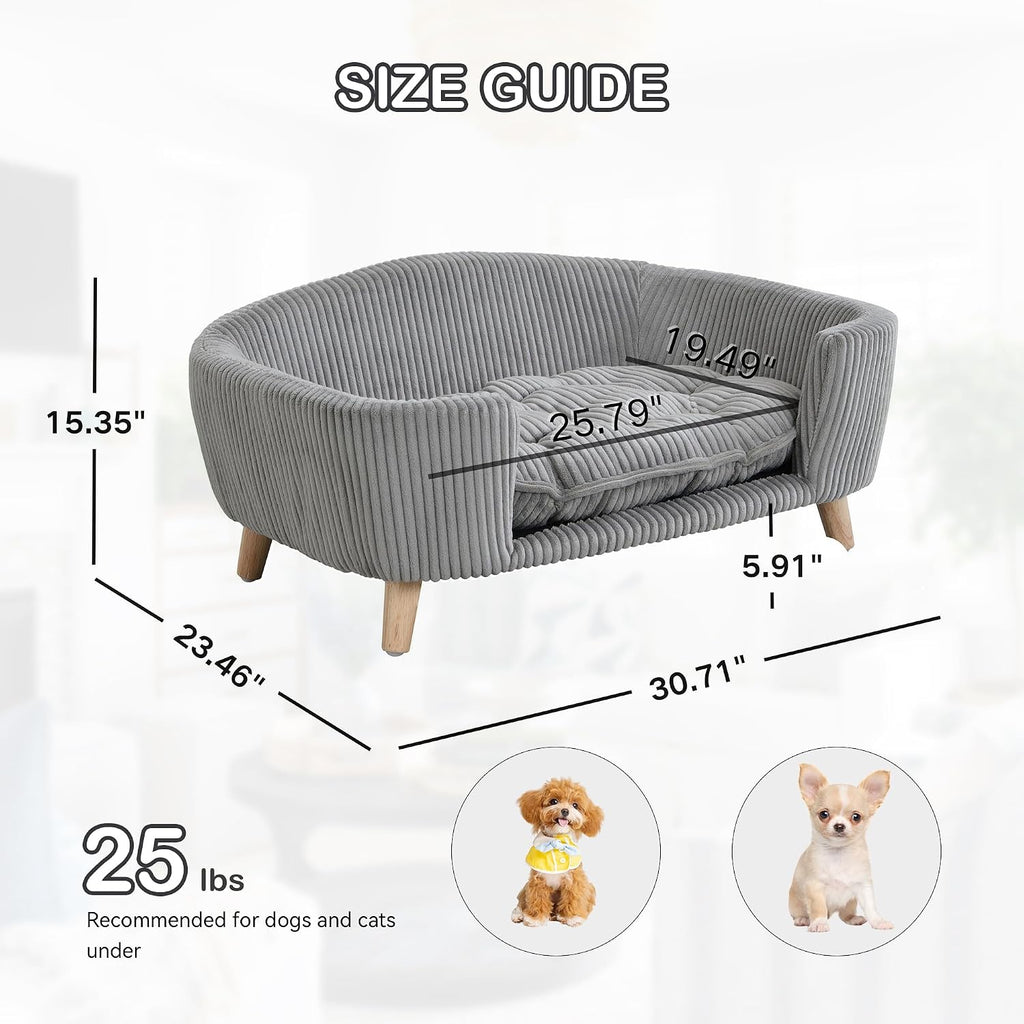 Dog Sofa Couch Bed for Small Dogs, Durable Corduroy Rectangle Pet Sofa with Soft Cushion, Modern Elegant Elevated